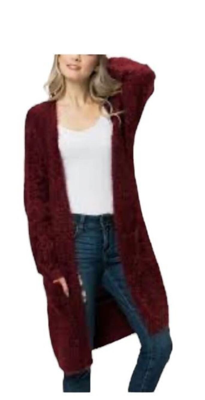 Chelsea & Theodore Burgundy Eyelash Knit Long Cardigan Small